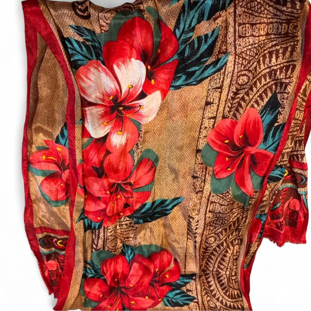 Oscar de la Renta Silk Scarf Vintage Red Gold Floral Paisley Oblong 53” Luxury - Picture 5 of 10